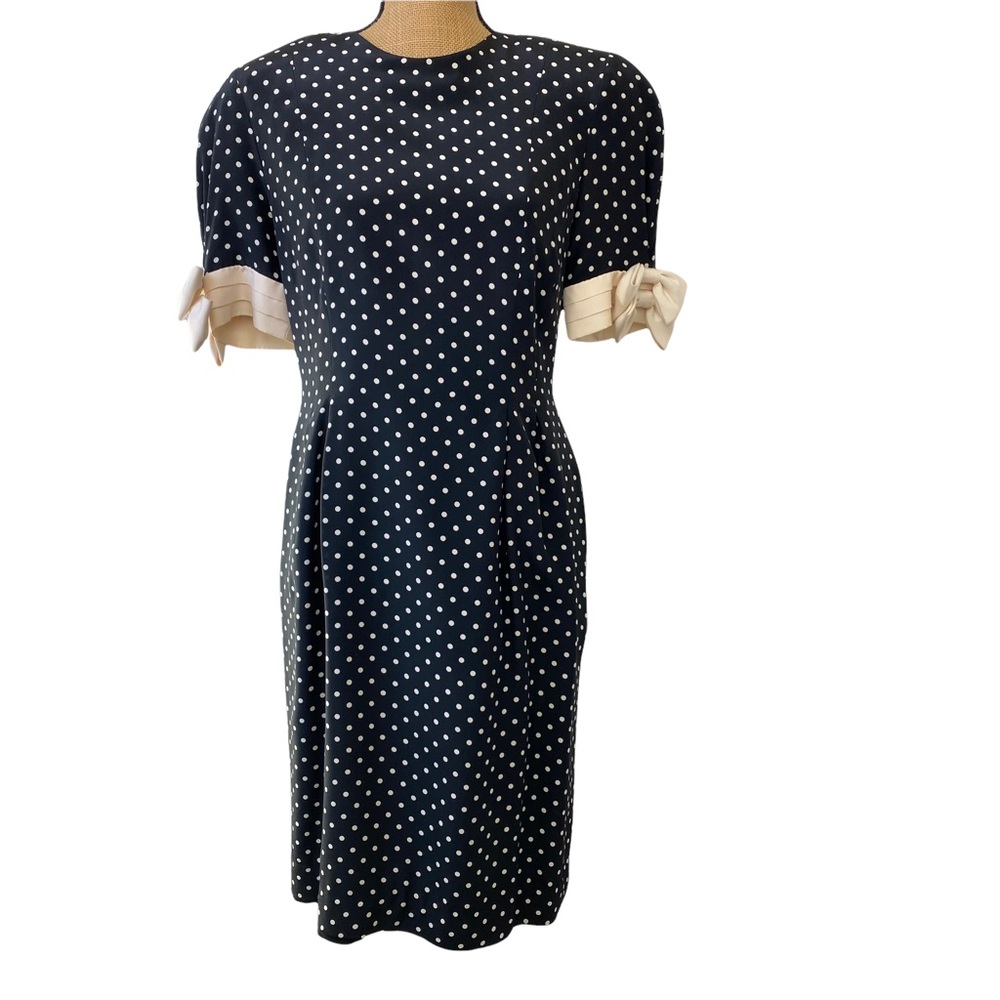 Nipon Boutique Vintage Black and White Polka Dot Silk Dress Size 8 Short Sleeve